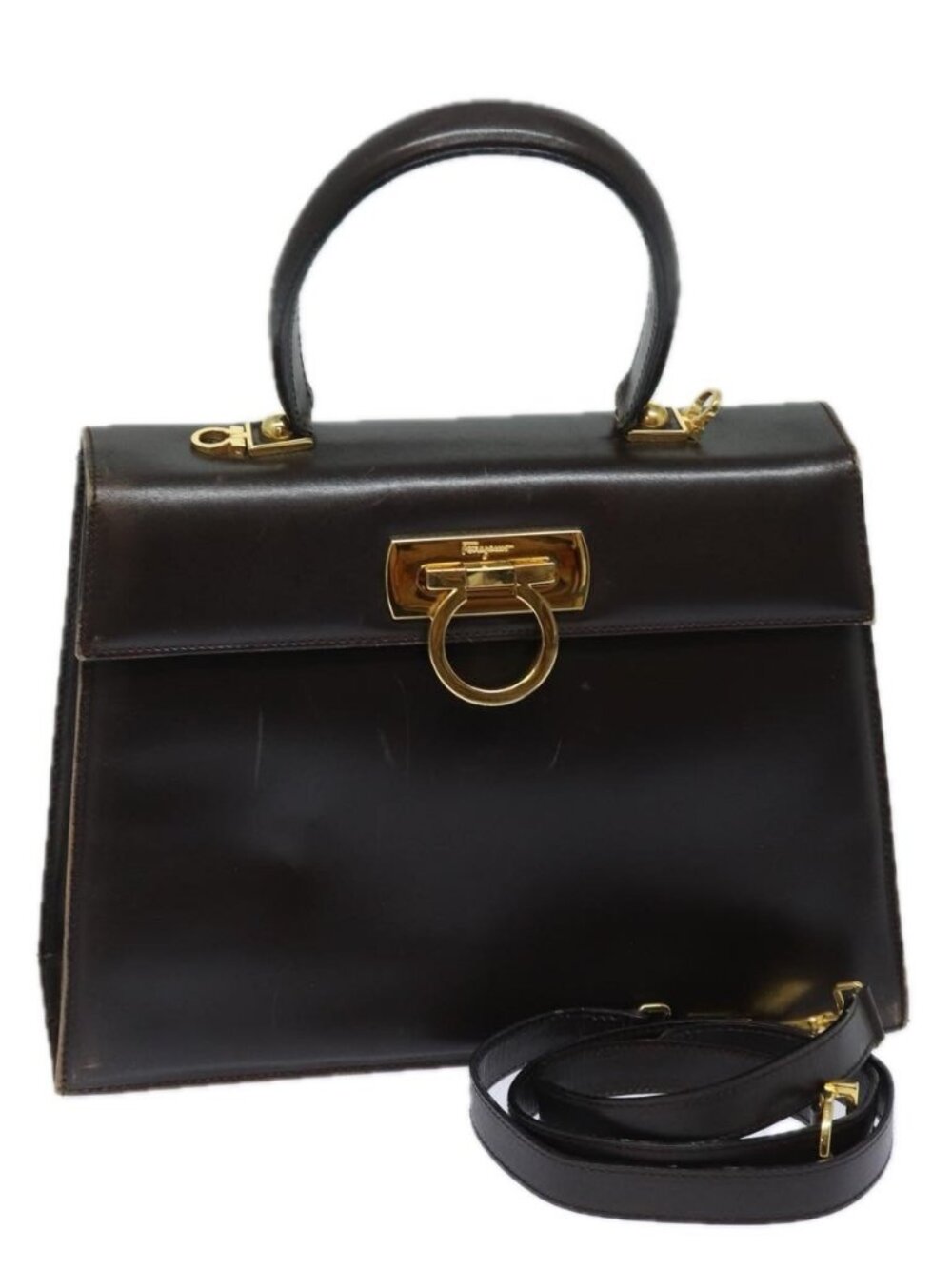 Salvatore Ferragamo Gancini Hand Bag Leather 2way Brown Auth 79812